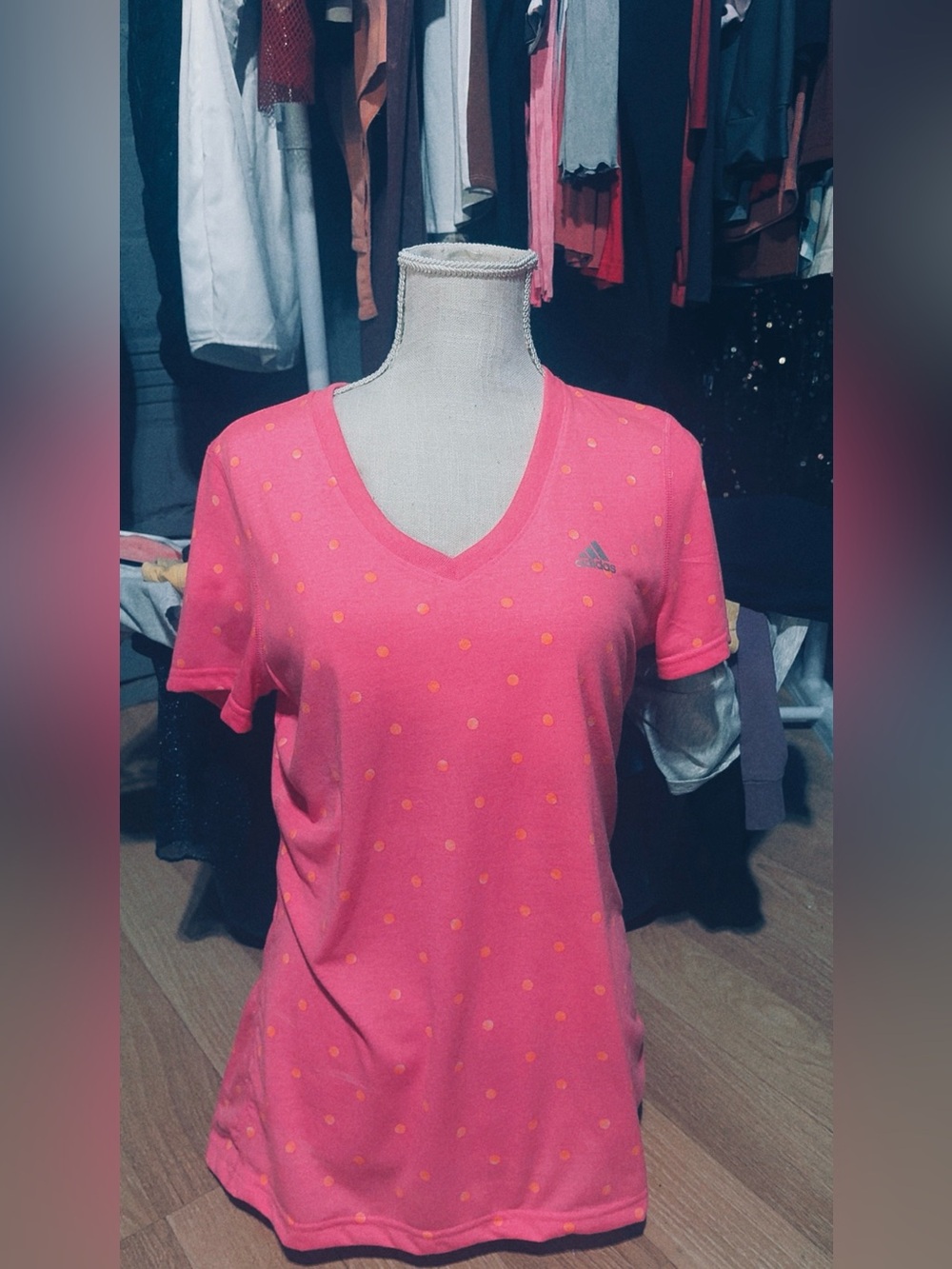 adidas Pink V-Neck Short Sleeve Tee with Yellow Polka Dots